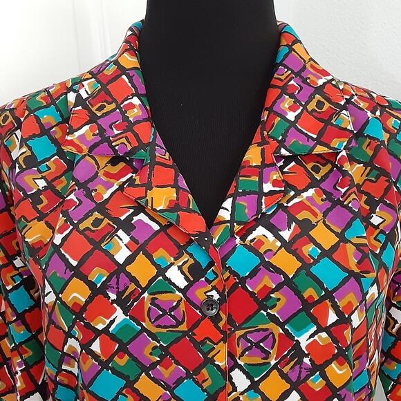 Vintage 70s Disco Button Down Shirt Art Deco Satin Cropped Women 6 Art to Wear - Picture 4 of 9